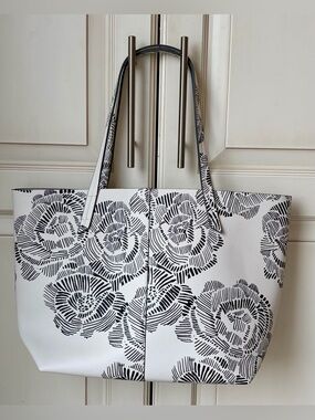 Indigo White and Black Floral Print Large Tote